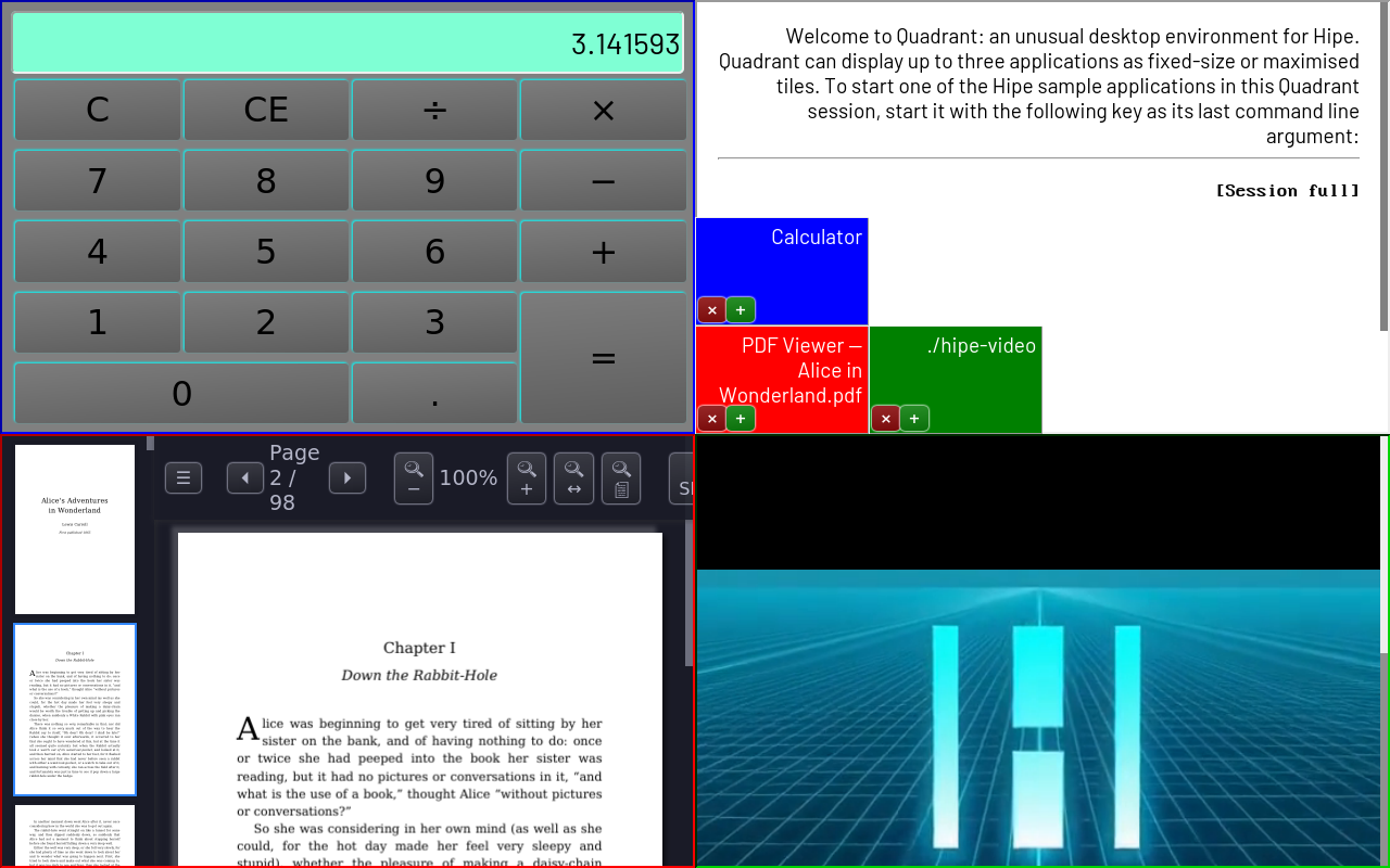 A calculator, a PDF reader and a video player running side by side in Hipe